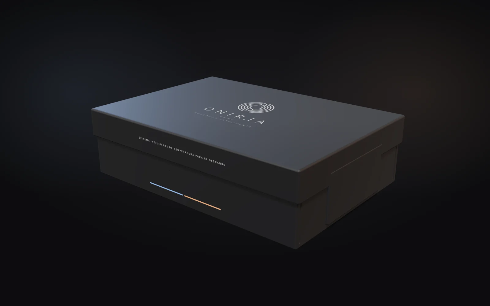 Caja de ONIR.IA en negro mate con el logotipo en plata