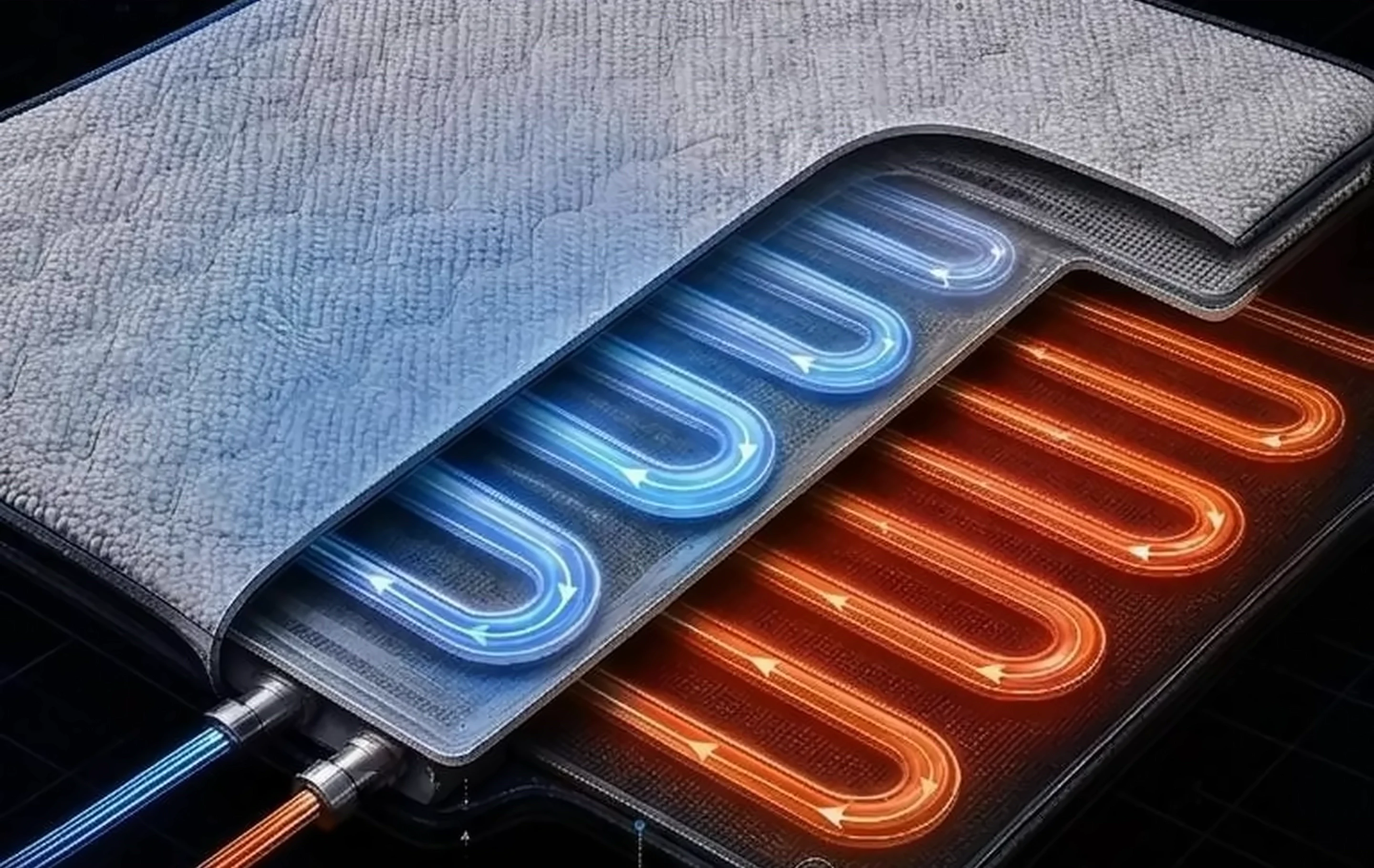 Corte de la funda: circuito de agua fría en azul y caliente en naranja bajo el tejido